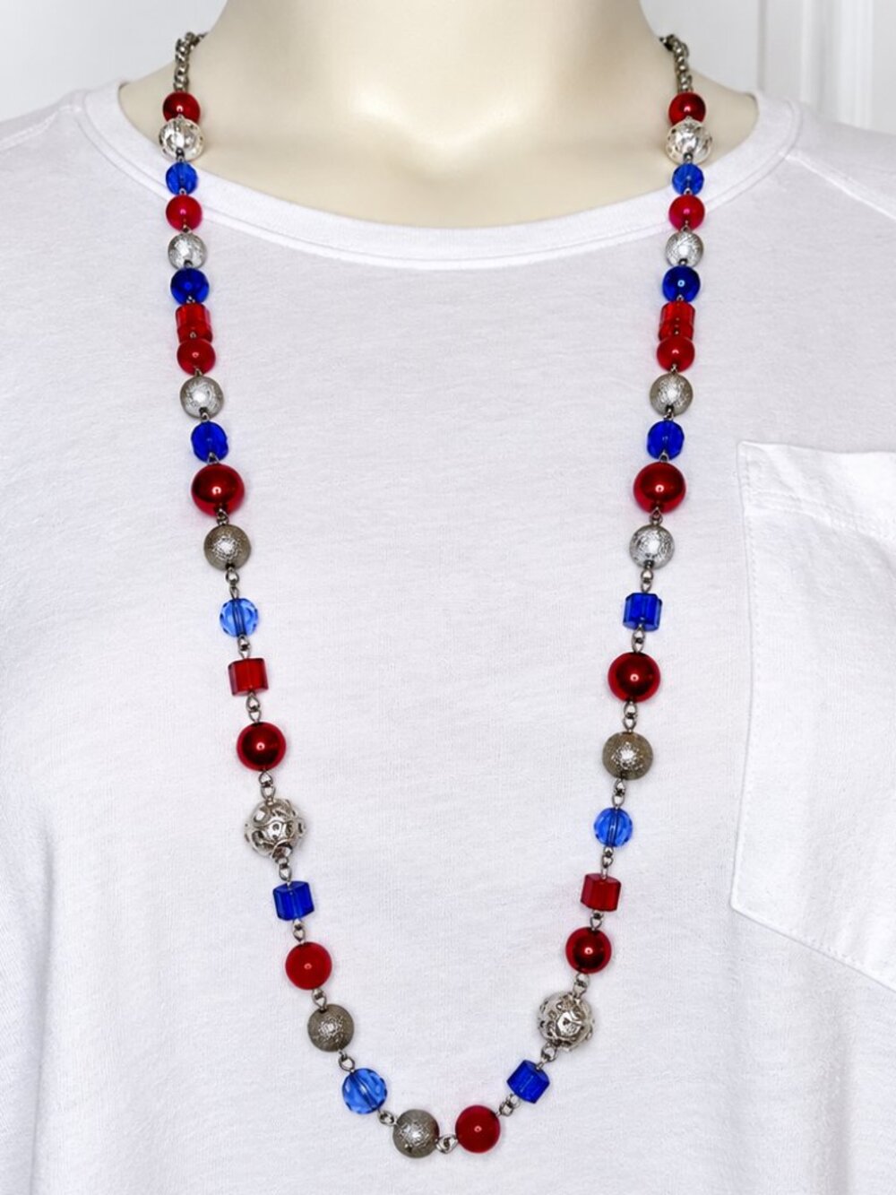 Charming Charlie Red Blue Silver Beaded Long Statement Necklace